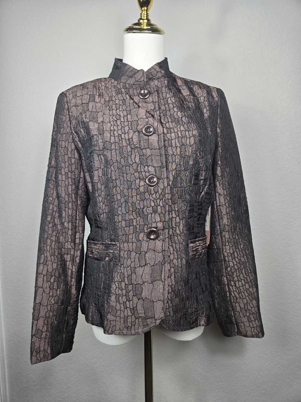 Erin by Erin London NWT Croc Print Jacket Brown Black Textured Stand Collar